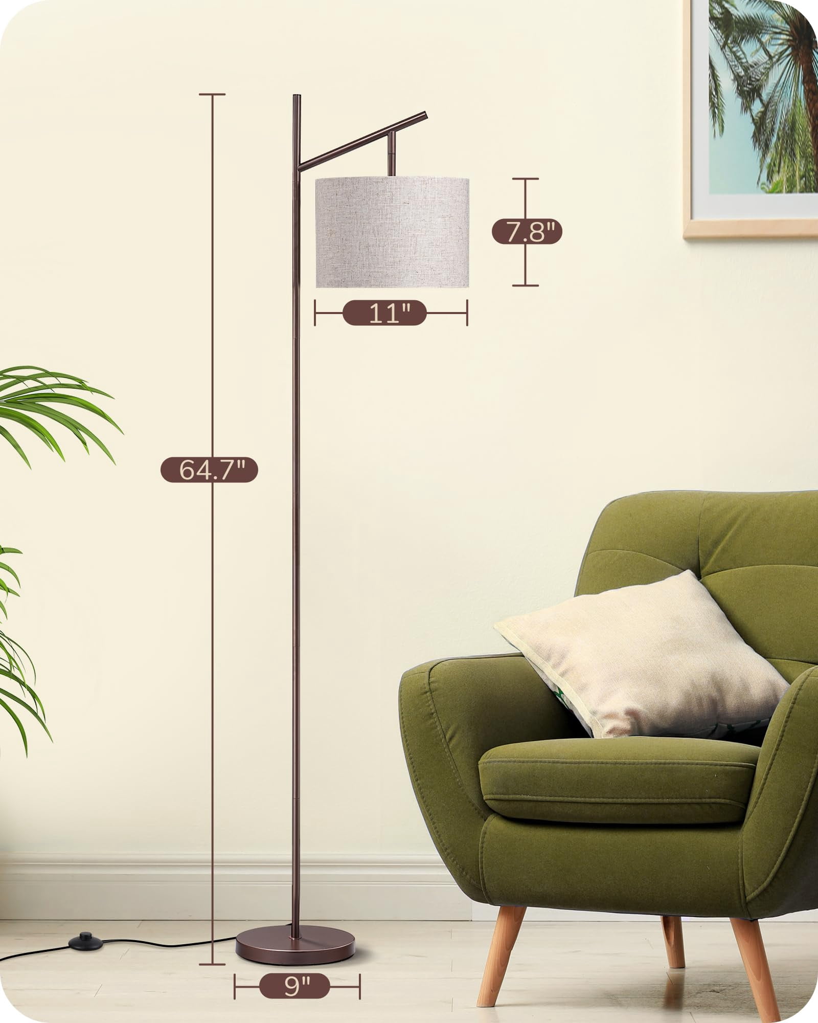 64.7" Modern Minimalist Brown Floor Lamp with Adjustable Linen Shade for Living Room Bedroom Office