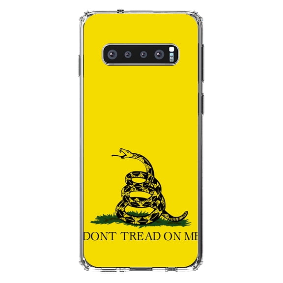 DistinctInk Clear Shockproof Hybrid Case for Samsung Galaxy S10 (6.1" Screen) - TPU Bumper, Acrylic Back, Tempered Glass Screen Protector - Don't Tread On Me - Gadsden Flag