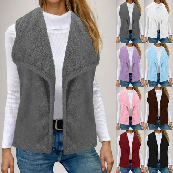 ATOYSOY Womens Fuzzy Fleece Jacket Casual Lapel Open Front Sleeveless Cardigan Winter Warm Waistcoat Outerwear Black L
