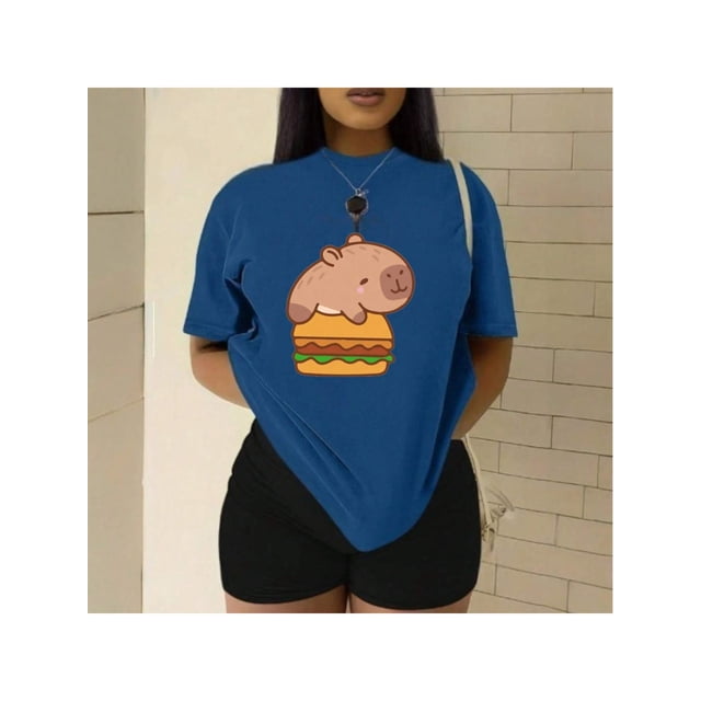 Playera Blusa De Capybara Con Una Hamburguesa Capibara Color Azul Talla Grande Marca Emil SaEs