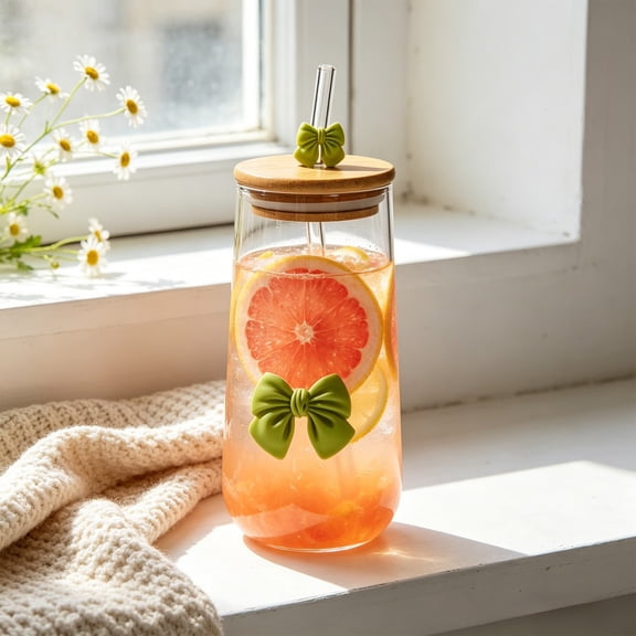 Emdiqzs 450ml Conical Glass Tumbler Glass Tumbler Drinkware Bow Decor Glass Cup with Lid Straw for Juice