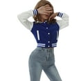 thumbnail image 3 of Kiapeise Women Varsity Baseball Jacket Casual Sweatshirt Long Sleeve Colorblock Button Down Cropped Bomber Coat, 3 of 9