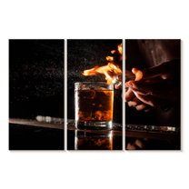 Elephant Stock Flaming Whiskey Glass Wall Art - Horizontal Multi Panel Canvas - Dining Room Wall Decor - Food And Drink Multi Panel - Black And Brown Decor - 65" x 42"