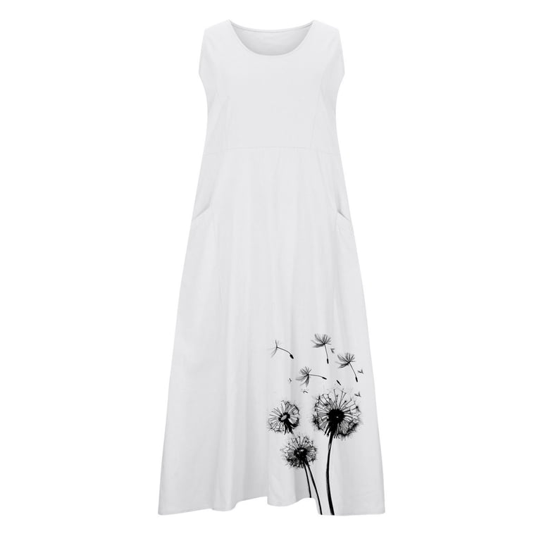 Erwazi Women's Cotton Linen Maxi Dress Floral Print Hem Crew Neck  Sleeveless Loose Tank Dresses with Pockets - Walmart.com