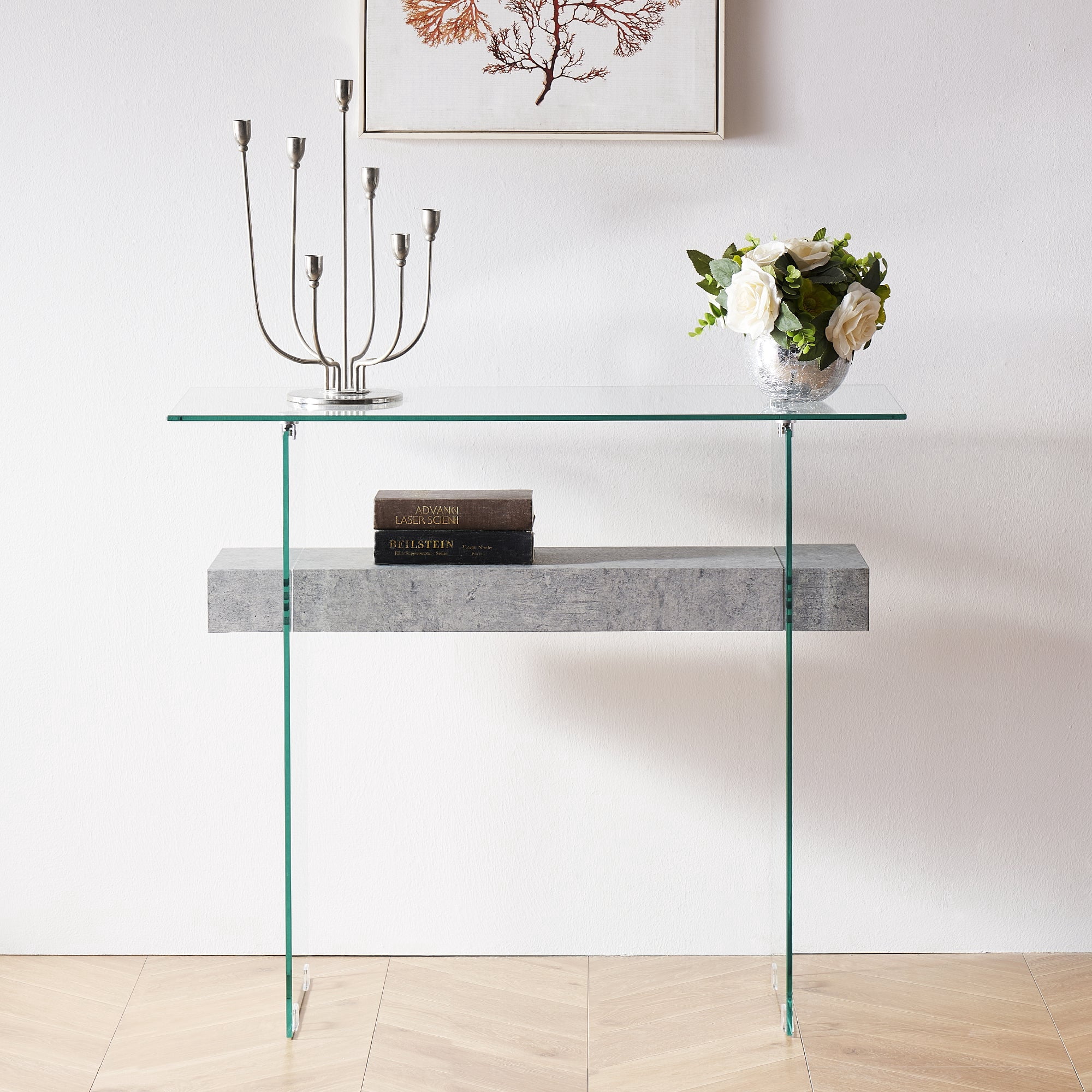 ivinta Narrow Glass Console Table with Storage Modern Sofa Table Entryway Table Glass Writing Desk Small Computer Desk TV Table Buffet Table Modern Accent Table for Small Space