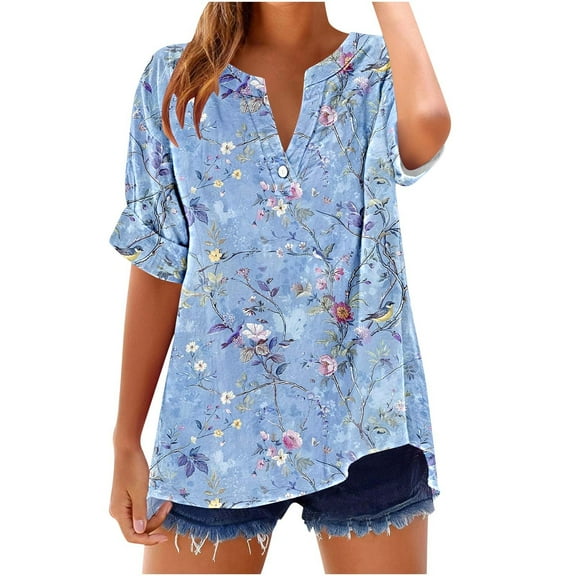 GERsome Womens Button V Neck T Shirts Rolled Short Sleeve Loose Fit Casual Summer Floral Tee Shirts, Sizes S-2XL