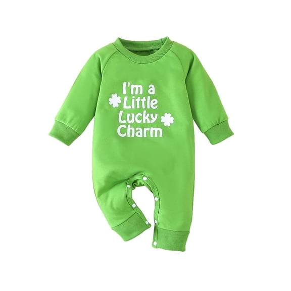 Elippeo Irish Baby Romper 3M 6M 9M 12M St Patricks Day Casual Long Sleeve Round Neck Shamrock Letter Print Jumpsuit Newborn Clothes