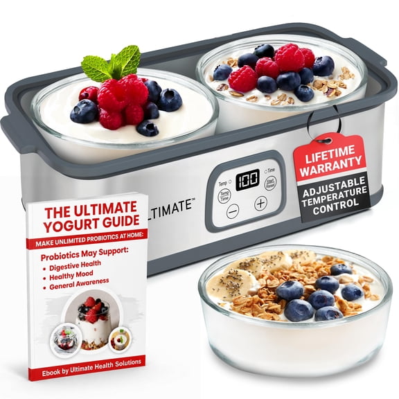 Ultimate Probiotic Yogurt Maker with Adjustable Time & Temperature Control, Make Trillions of Probiotics for Better Gut Health, Two 1-Quart Containers for Larger Batches, Ultimate Lifetime Warranty