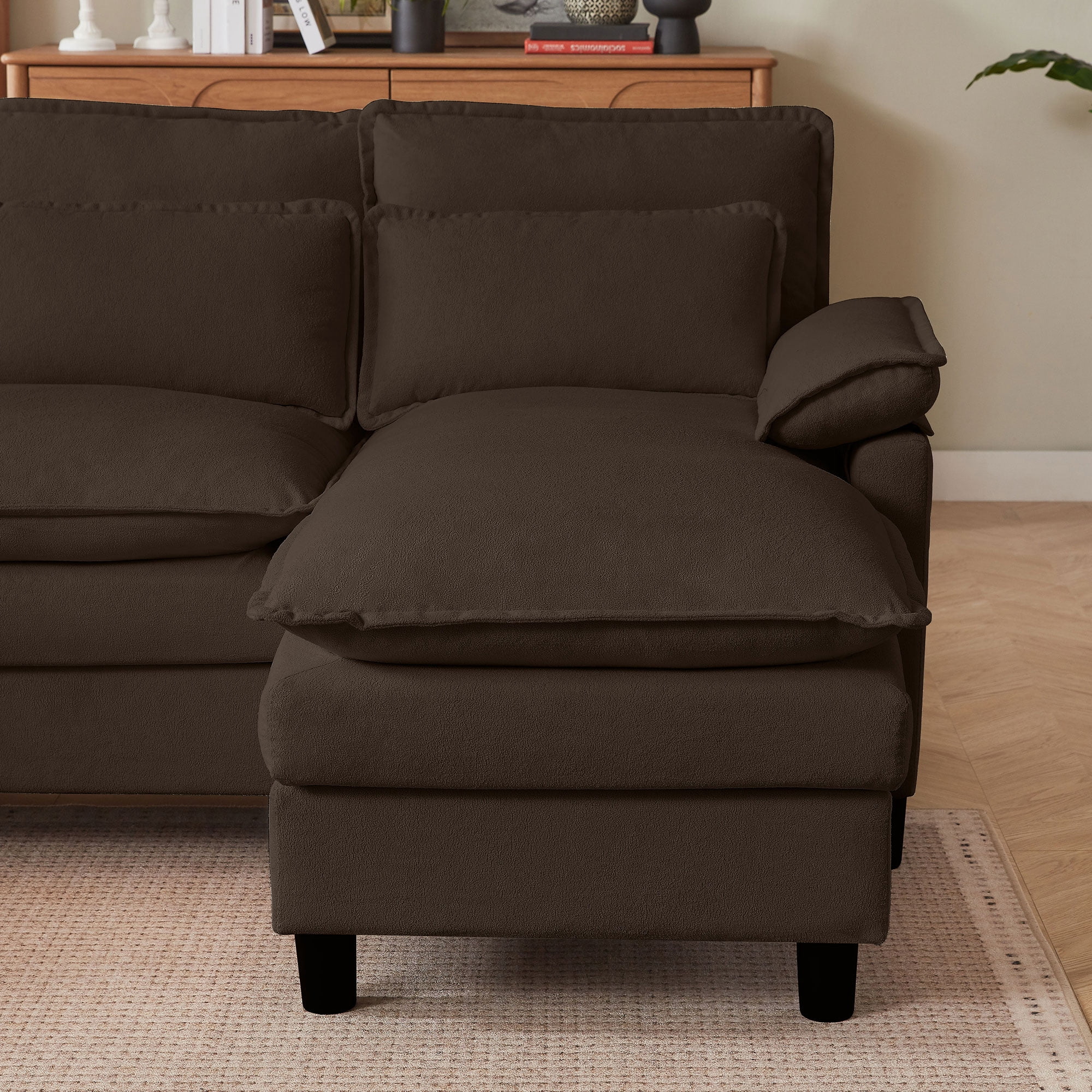 Soscana U Shaped Cloud Couch Sectional Sofa 4 Seat with Double Chaise, Modern Linen Sofa with Waist Pillows for Living Room Apartment Office Studio,Brown