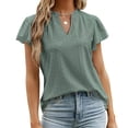 thumbnail image 3 of Camisa con ojales para mujer, volantes, manga corta, ribete con volantes, cuello en V, Color puro, camisa para mujer, Top para primavera y verano, verde, XXL, 3 of 6