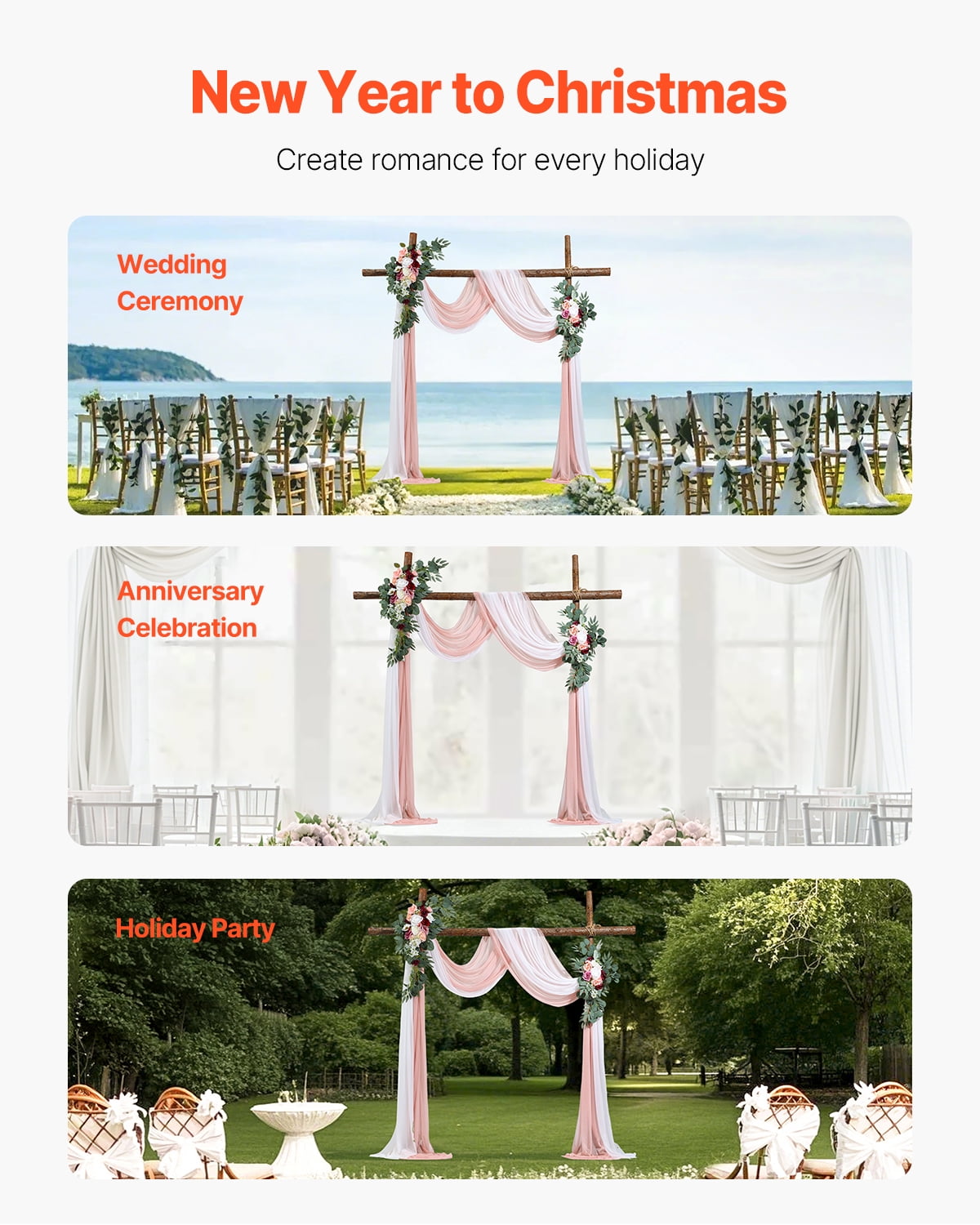 VEVOR Artificial Wedding Arch Flowers Kit, Pink Wedding Arch Flowers with Drapes Kit (Pack of 4) - 2 Pcs Floral Arrangement, 2 Pcs Sheer Drapes, for Ceremony Bouquets Reception Backdrop Decoration