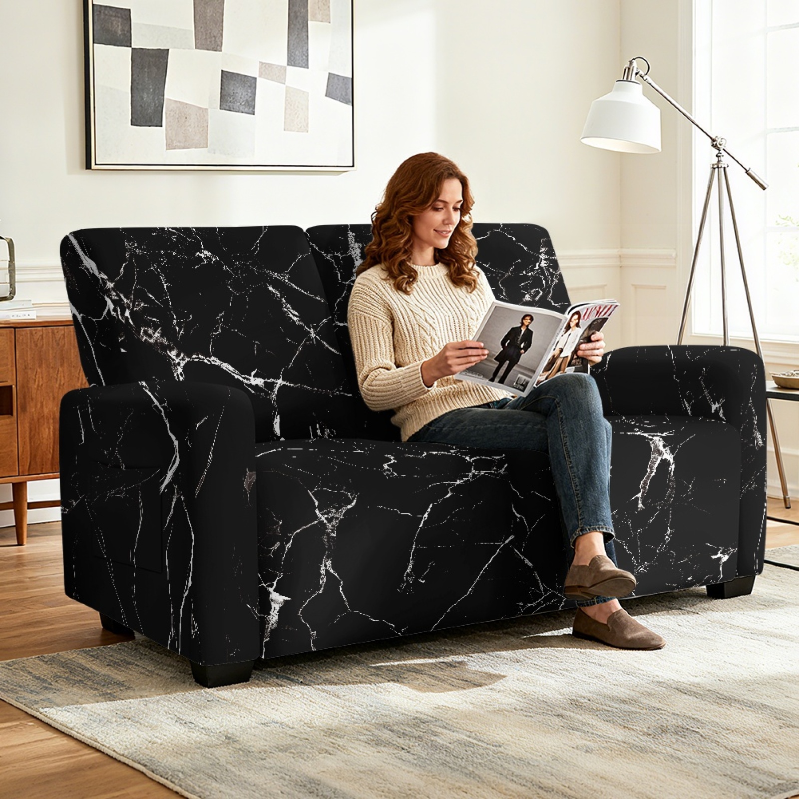 Xoenoiee Black Marble Print Recliner Loveseat Cover, Stretch Reclining Sofa Covers with Pockets, Washable Lazy Boy Recliner Slipcovers, Leakproof Couch Protector for Kids, Pets