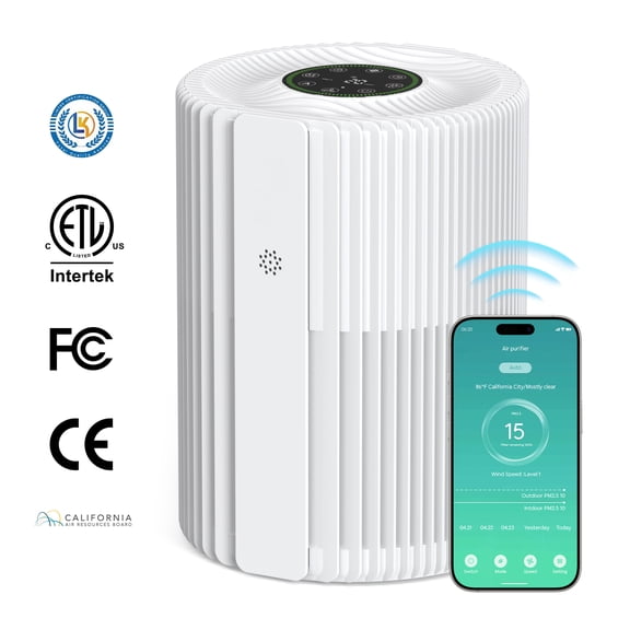 Breezome Air Purifier for Home, HEPA Air Cleaner with Smart WiFi Control, Air Quality Monitor & Sleep Mode, Especially for Pet Hair, Dust, Smoke, Bedroom, Office, White