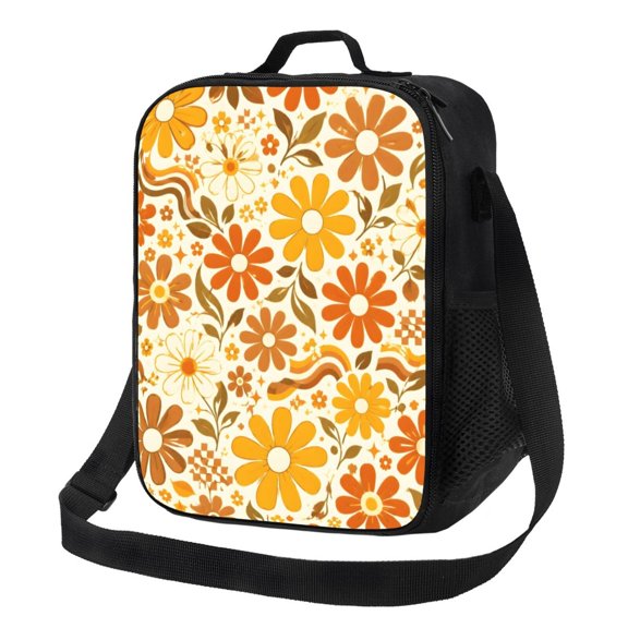 Retro Daisy Floral Lunch Bag Insulated Thermal Lunch Box with Shoulder Strap & Handle for Women and Men