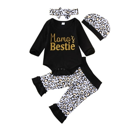 

Newborn Baby Girl Leopard Clothes Mama s Bestie Long Sleeve Romper Jumpsuit Bodysuit Pants Hat Headband Outfits Set