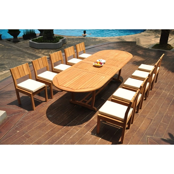 Grade-A Teak Dining Set: 10 Seater 11 Pc: 118" Double Extension Mas Oval Trestle Leg Table And 10 Veranda Armless Chairs WholesaleTeak #WMVR83