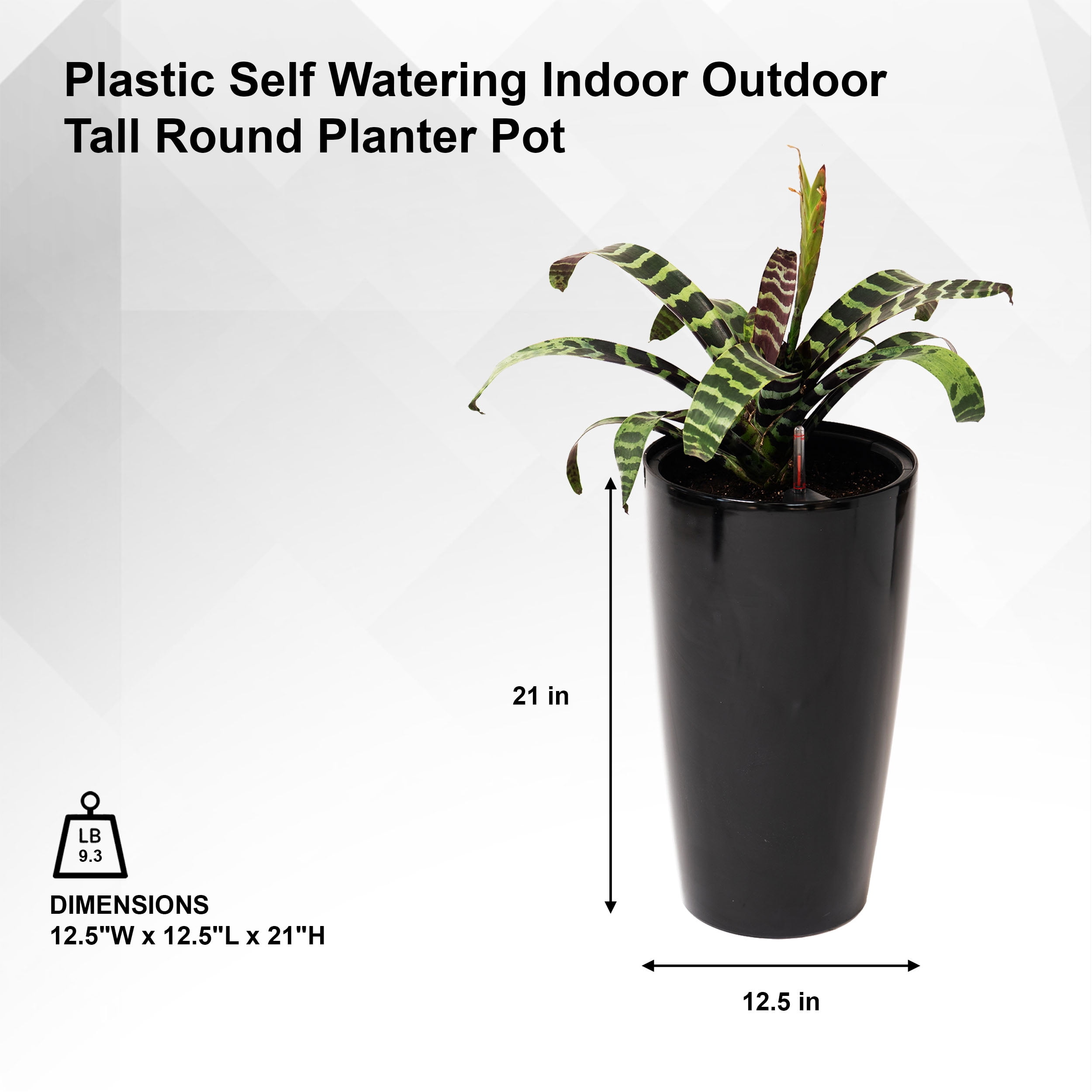 XBrand 21" H Black Plastic Self Watering Indoor Outdoor Tall Round Planter Pot w/Glossy Finish, Decorative Gardening Pot, Home Décor Accent