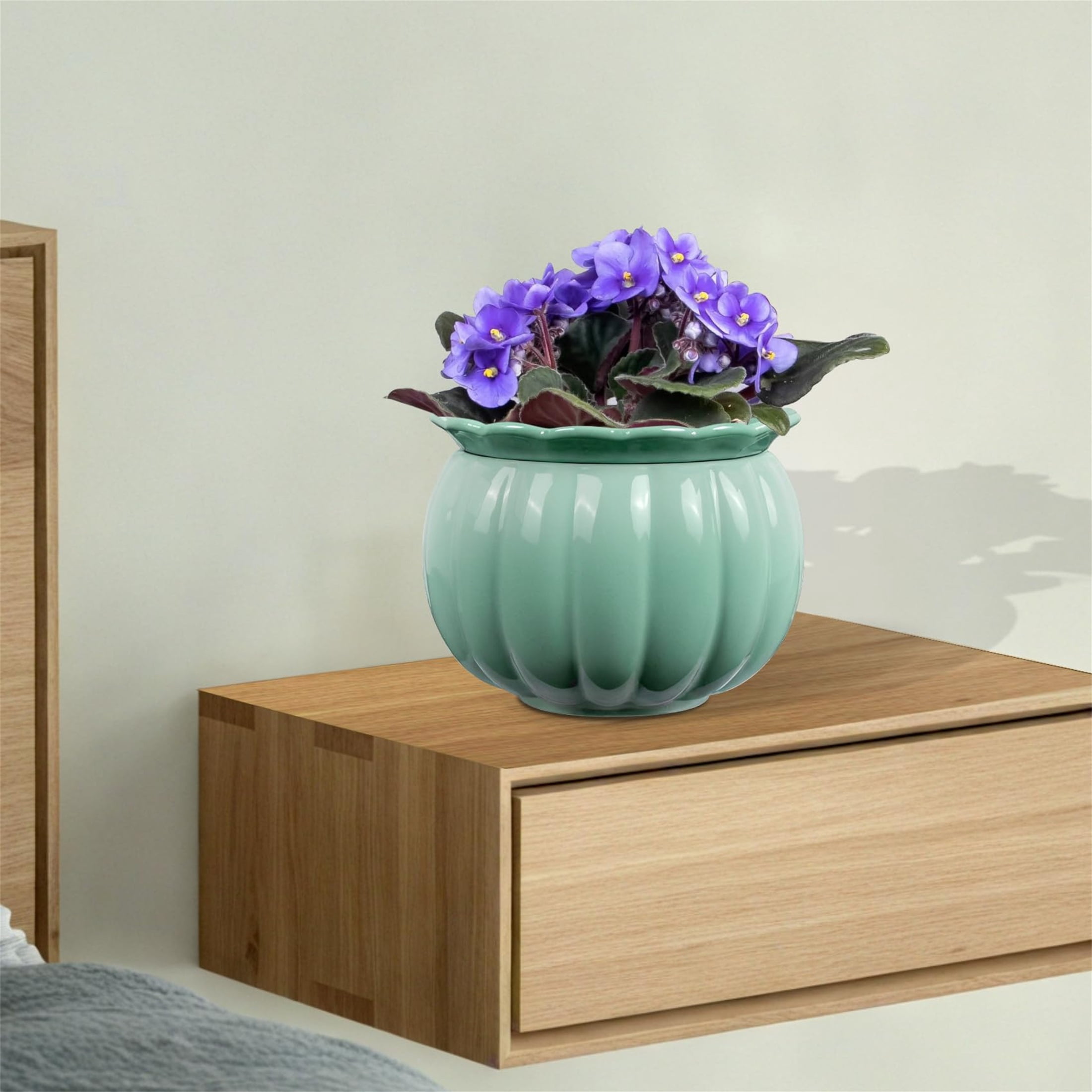 EFISPSS  African Violet Pot ,6" Ceramic Pumpkin  Easy Self Watering Flower Pot, For Indoor Plants,Glaze Blue