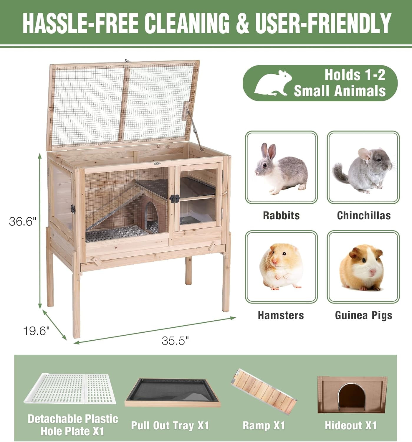 Aivituvin Guinea Pig Cage Indoor Rabbit Hutch with Chew-Proof Edges - Natural Wood