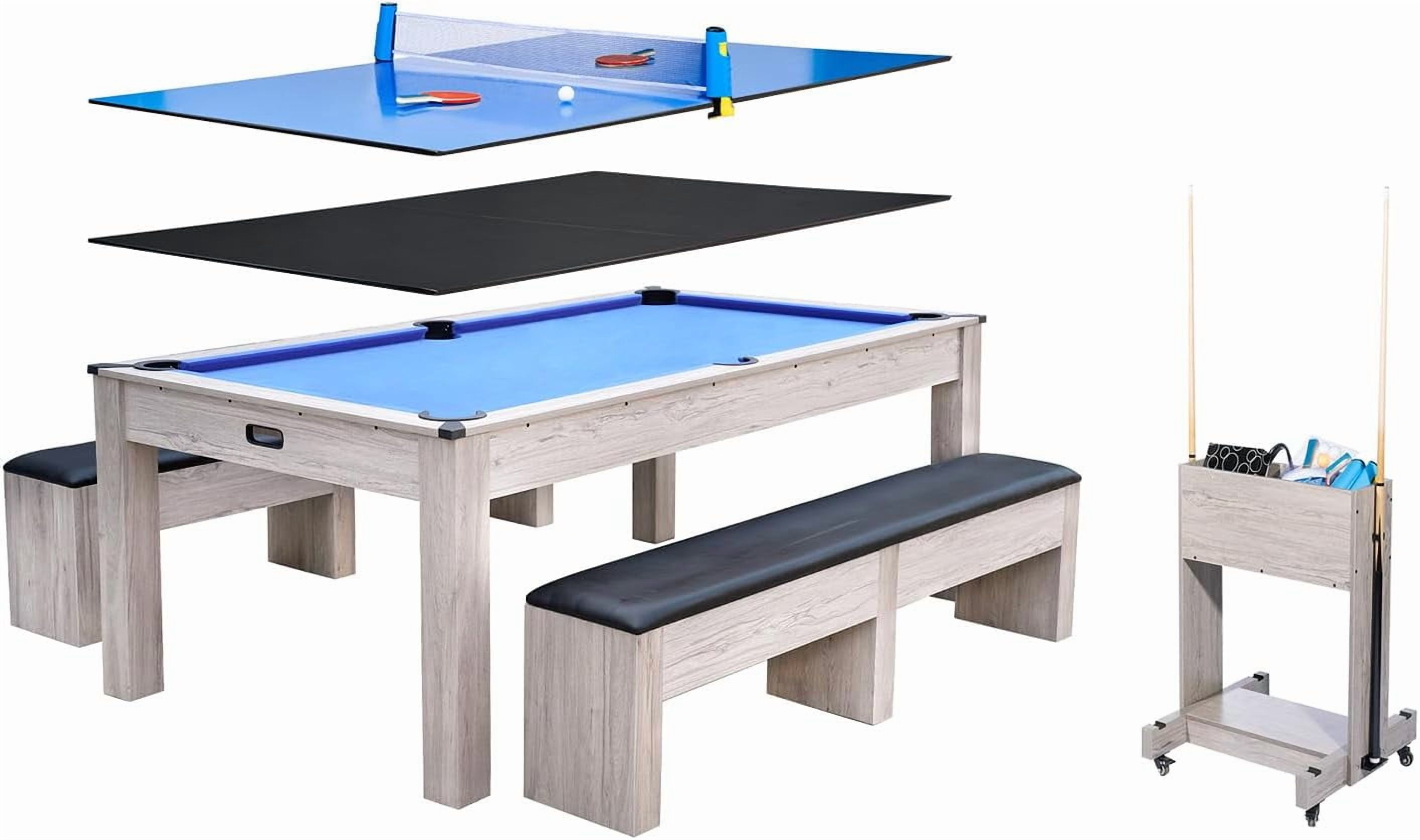 Acekid Pool Table 7FT 3-in-1 Dining Top Table Tennis Complete Set Cues Balls Ping Pong Paddles Net Rolling Storag
