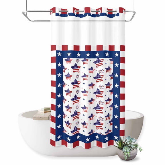 No Hook Shower Curtain with Built-in Rings - American Flag 4th of July Washable Waterproof Fabric Bathroom Curtains for Hotel,Rentals, Stall 54 X 78 Inch , Red White Blue Striped