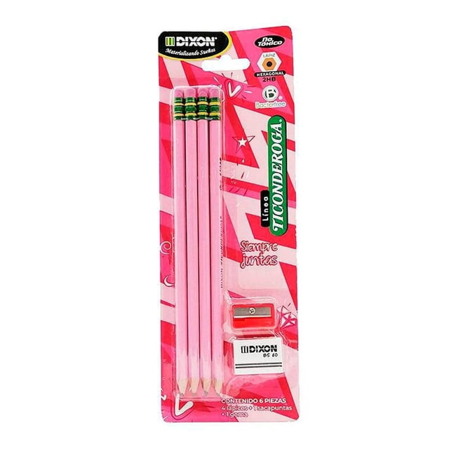 Lápices de Grafito Dixon Ticonderoga Rosa más Goma y Sacapuntas 6 pzas