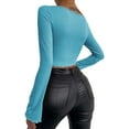 thumbnail image 6 of BEAFNKSG Women Flare Long Sleeve Crop Tops Low Cut Slim Ribbed Cropped Tee Basic Blouse Streetwear, 6 of 6