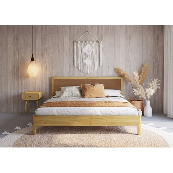 Bme King Size | Nipe 79x82x14in Deluxe Bed Frame with Adjustable Headboard, Bohemian Unique Style, Pine Wood, Natural