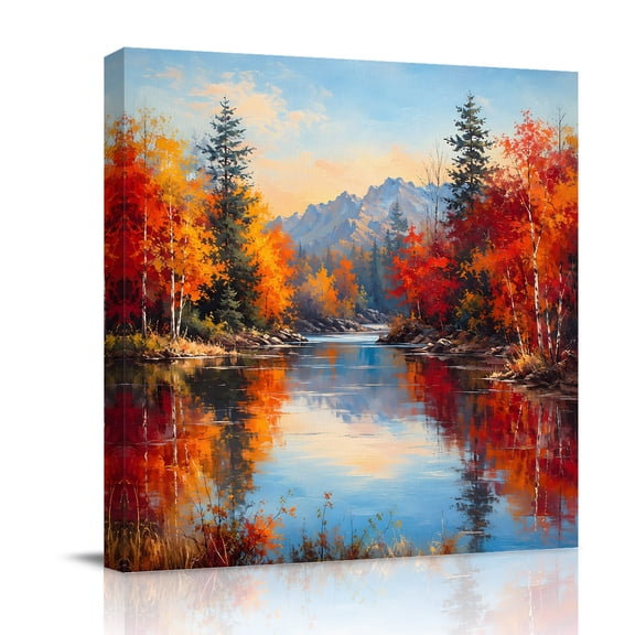 Canvas Wall Art, Fall Framed Canvas Prints for Living Room Bathroom, Watercolor Forest Maple Leaves Mountains Landscape Gallery Wrapped Wall Decor for Home Office, Gifts, 12"x12" Ship Next Day