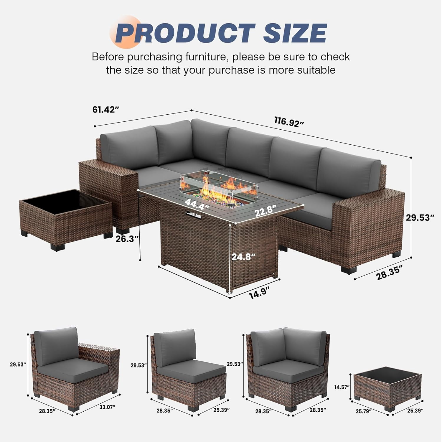 Patio Furniture Set, Ampatio 7-Piece Outdoor Sectional Sofa with Fire Pit Table for Backyard & Porch, Wicker | Metal | Brown