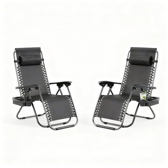 GARVEE Water-Resistant Zero-Gravity Chairs, with Pillow and Cup Holder Tray -Set of 2, Black