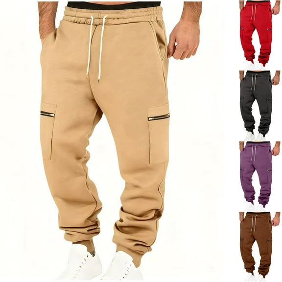 Hinvhai Men's Cargo Sweatpants Baggy Joggers Casual Drawstring Elastic Waist Pants Lightweight Workout Tapered with Pockets Red