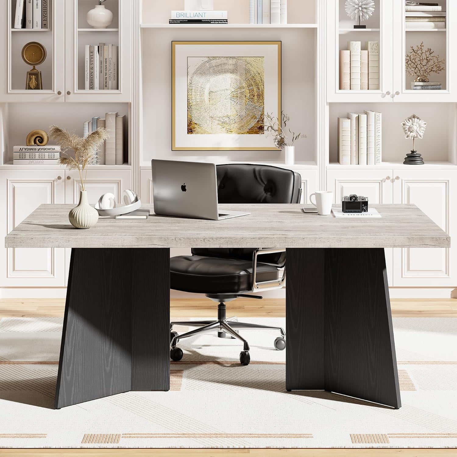 Dining Table for 6-8 People - 63" Modern Long Kitchen Table with Large Tabletop & Pedestal Legs, Dinner Table for Kitchen, Conference Room, Home, Grey & Black