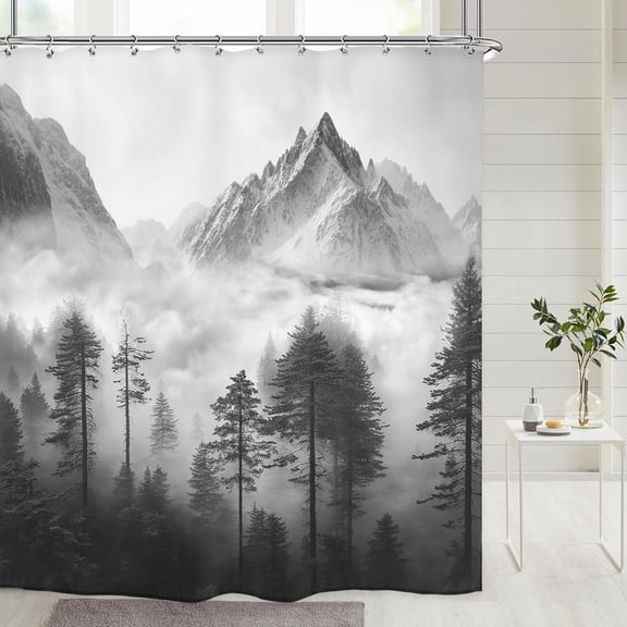 Misty Shower Curtain 72Wx72H Inch Foggy Snow Mountain Scenery National Park Smokey Tree Woodland Landscape Black Gray for Men Bathroom Decor Fabric Polyester Waterproof 12 Pack Hooks