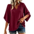 thumbnail image 2 of hoksml Women Raglan Gathered Notch V Neck Dolman Half Sleeve Blouse Cotton Linen Crinkle Loose Curved Hem Casual Top for Daily Vacation, 2 of 7