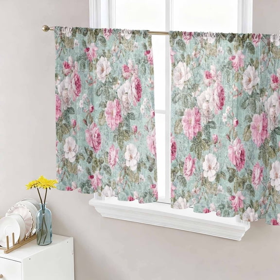 Vintage Spring Floral Sheer Curtains 45 Inch Length 2 Panels Set, Botanical Summer Pink Green Voile Window Treatment Rod Pocket Small Kitchen Curtains Drapes for Bedroom 52"x45"x2