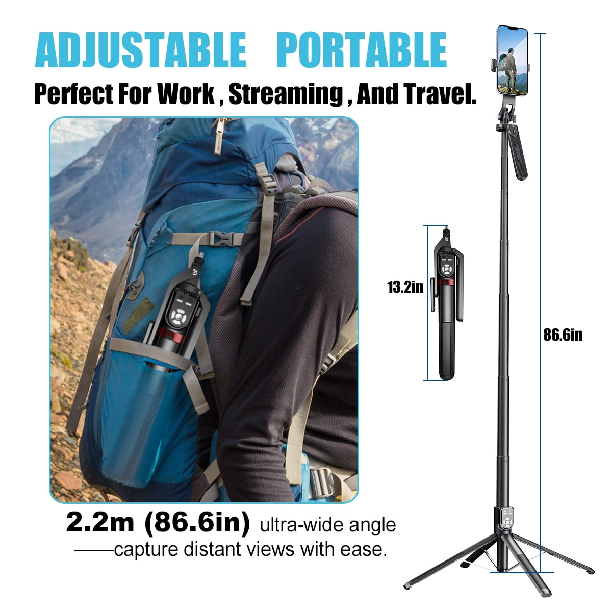 Performance Master 86 inch 360° Rotation Selfie Stick & Tripod with Dual Remote and LED Fill Light