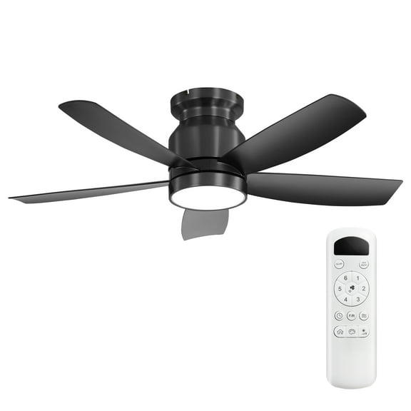 Izzovium 42 Inch Flush Mount Ceiling Fan with Remote, LED Light, 5 ABS Blades, Black, for Bedroom and Living Room