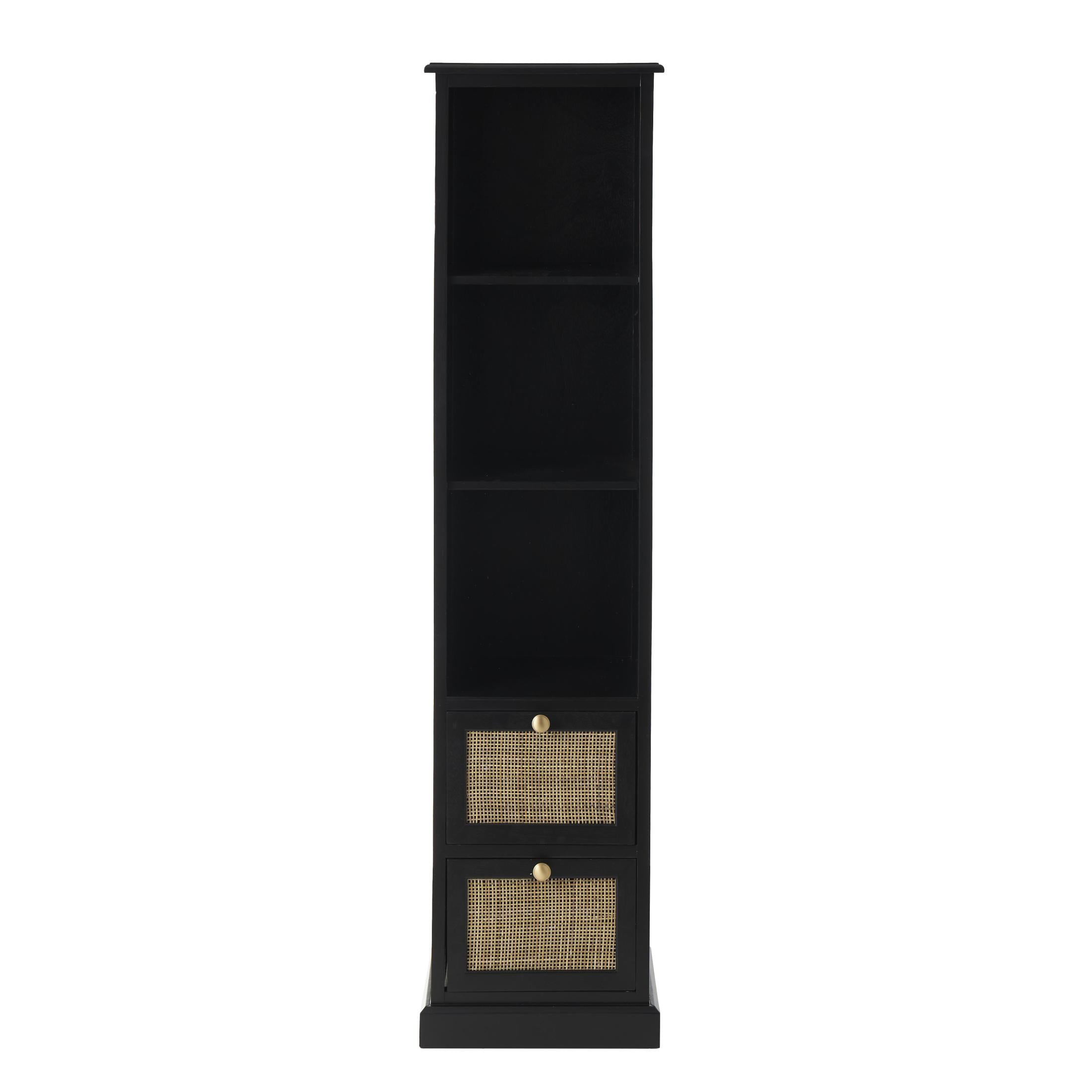 DecMode 14" x 58" Black Wood 2 Drawer and 3 Shelf Cabinet with Rattan Front, 1-Piece