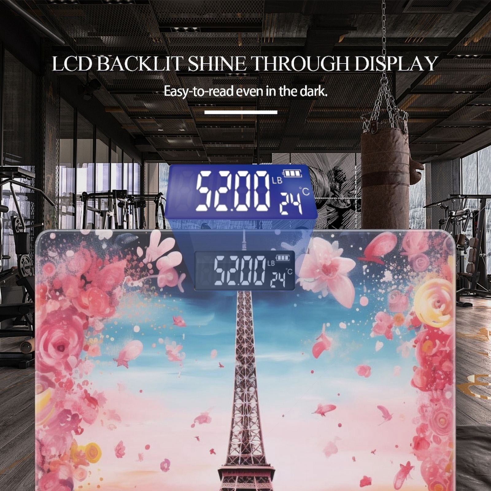 High Precision Body Weight Scale Smart Bathroom Scales with Large LCD Display(400lbs),Decorative for Bedroom-Eiffel Tower Surrounded By Pink And Red Flowers