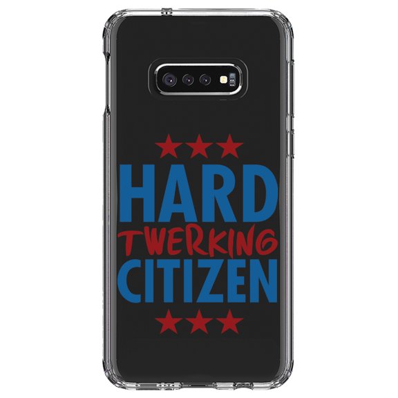 DistinctInk Clear Shockproof Hybrid Case for Samsung Galaxy S10e (5.8" Screen) - TPU Bumper Acrylic Back Tempered Glass Screen Protector - Hard Twerking Citizen