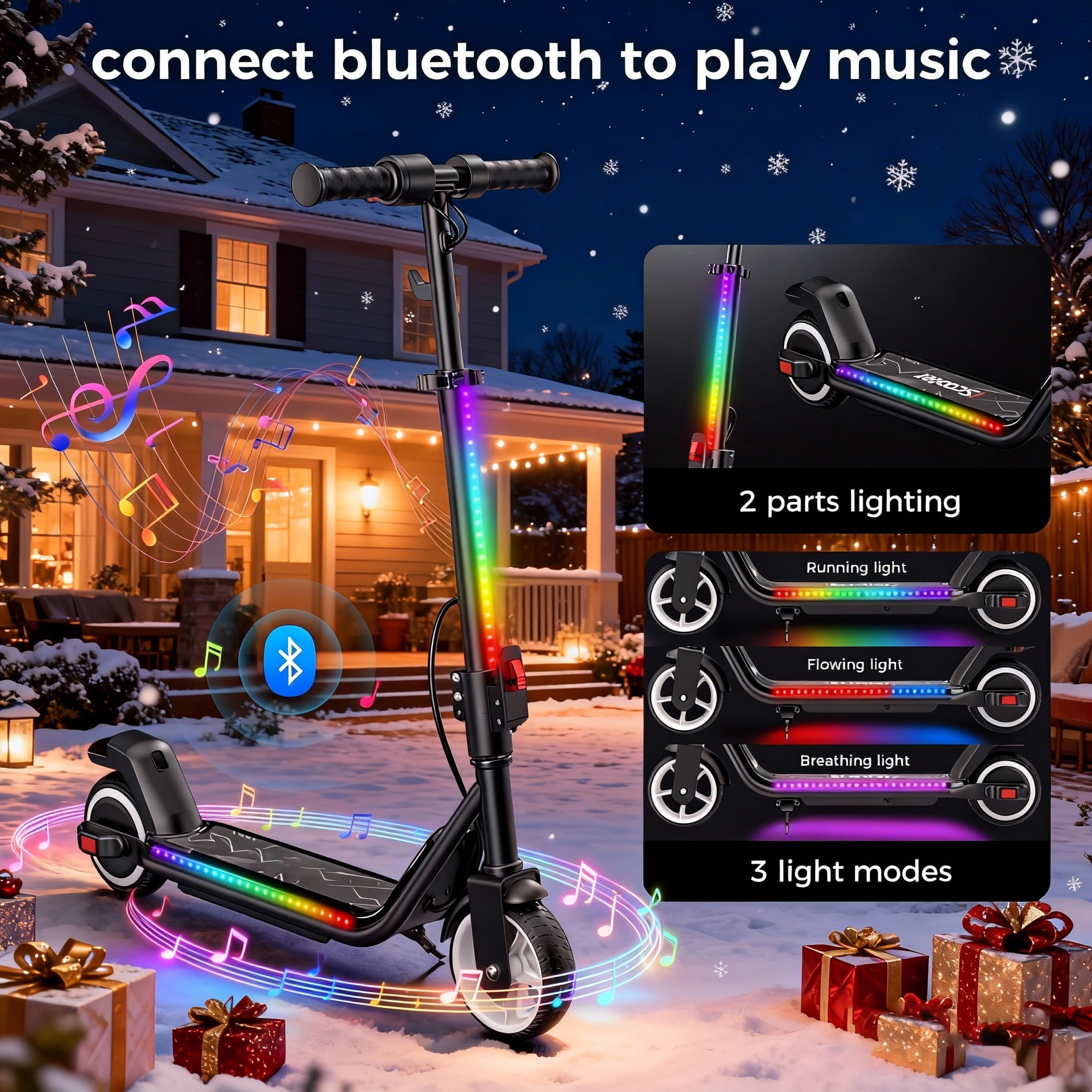 Electric Scooter for Kids 8+, 200W Escooter & Bluetooth, Horn, LED Display, 3-Speeds & Heights for Teens, Dual Brake, 3-Light Modes - Foldable 6.5'' Tires Kids Scooter Gift for Boys Girls