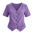 thumbnail image 4 of DLIDG Cotton Linen Tops fort Women Button Down V Neck Short Sleeve Waistcoat Shirts Dressy Casual Tunic Shirts Trendy Gauze Vest Blouse Lightweight Blouse Business Vacation Casual Outfits Purple M, 4 of 4