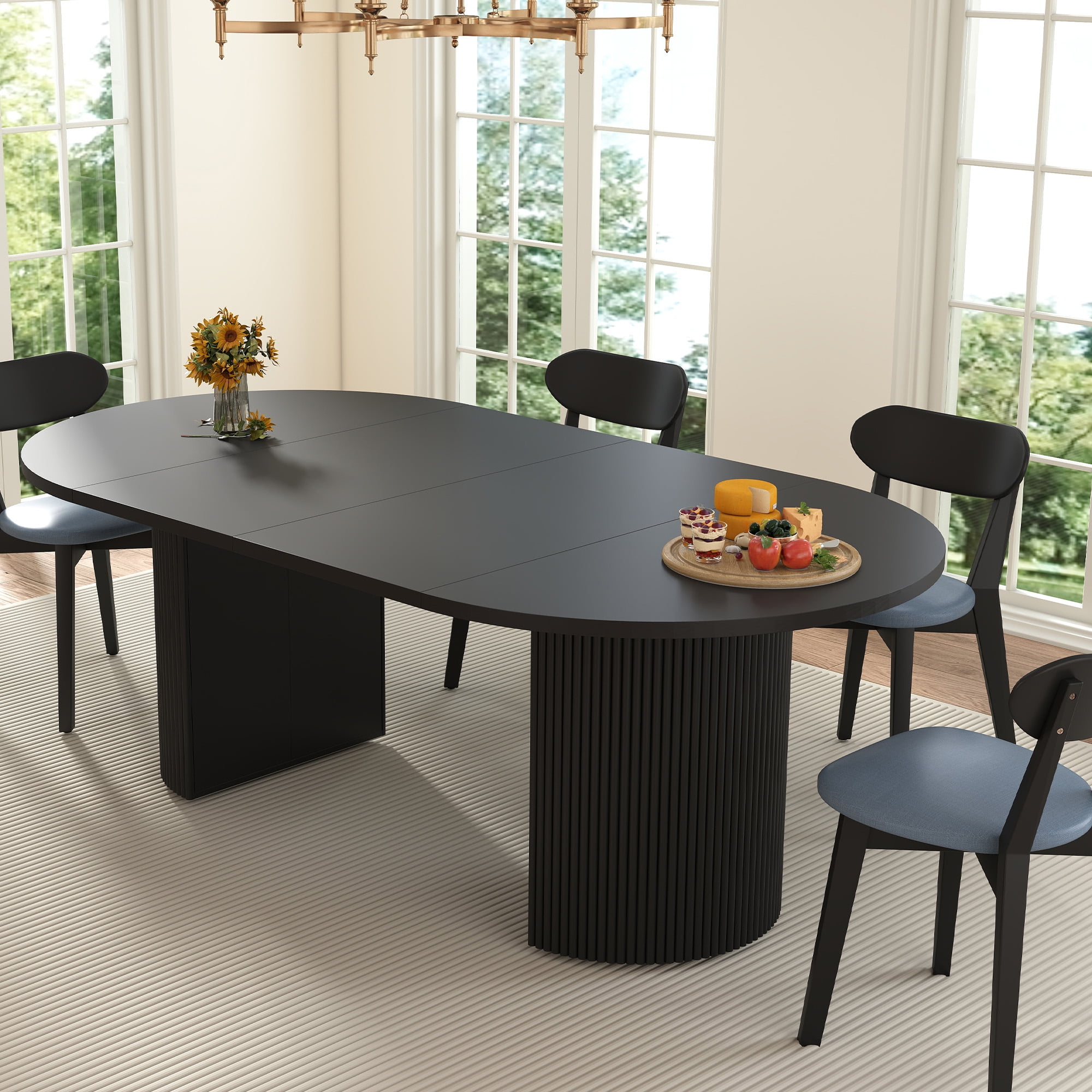 Weselon 41"-78" Extendable Oval Dining Table for 4-8, Modern Farmhouse Kitchen Table with Roman Column Leg, Large Wood Dining Room Table, Black