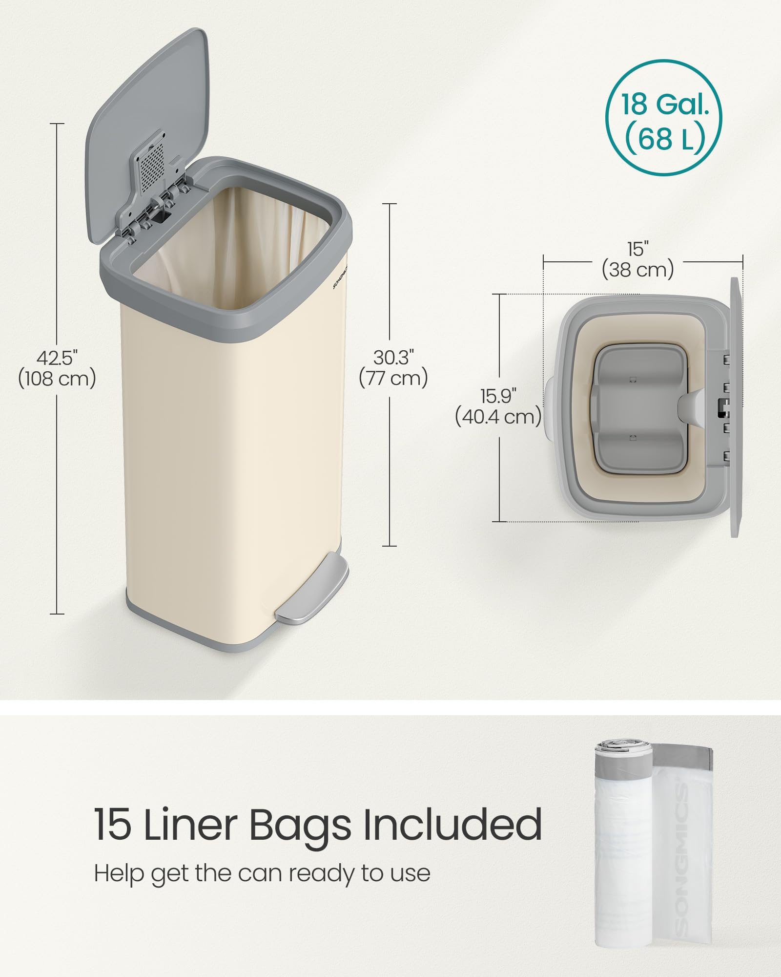 Kitchen Trash Can, 18-Gallon Stainless Steel Garbage Can, with Stay-Open Lid and Step-on Pedal, Soft Closure, Tall, Large and Space-Saving, Sand Beige and Dove Gray