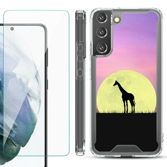 Shockproof Bumper Phone Case for Samsung Galaxy S22 5G, with Tempered Glass Screen Protector, by OneToughShield ® - Moonlight Giraffe