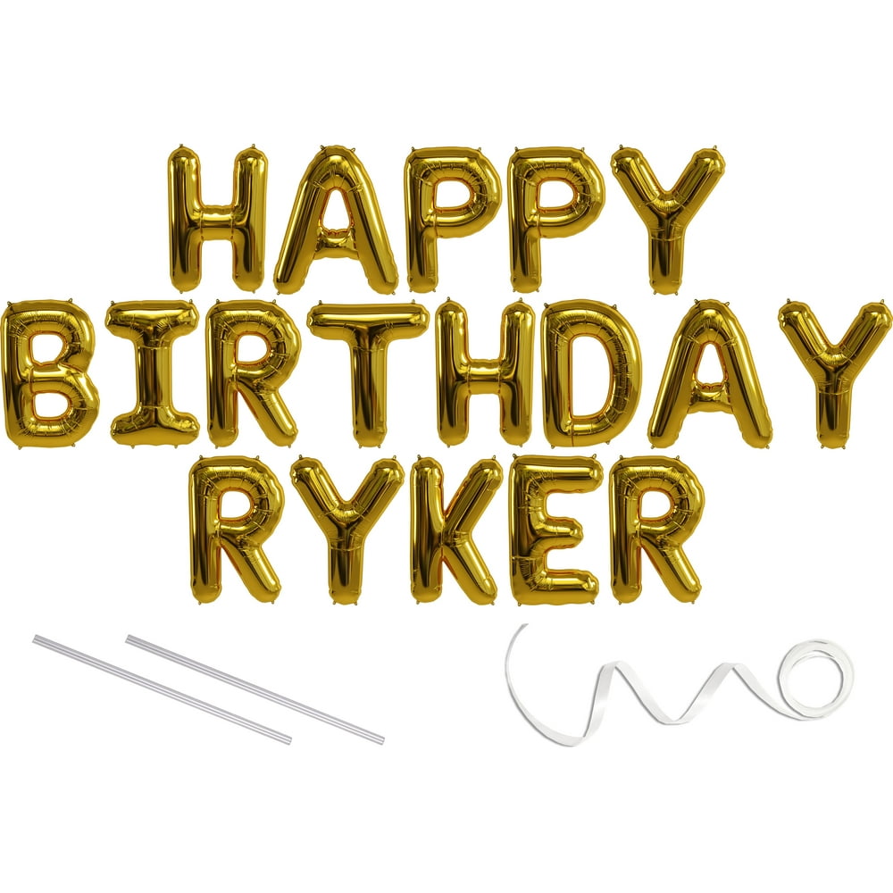 Ryker, Happy Birthday Mylar Balloon Banner Gold 16 inch Letters. Includes 2 Straws for