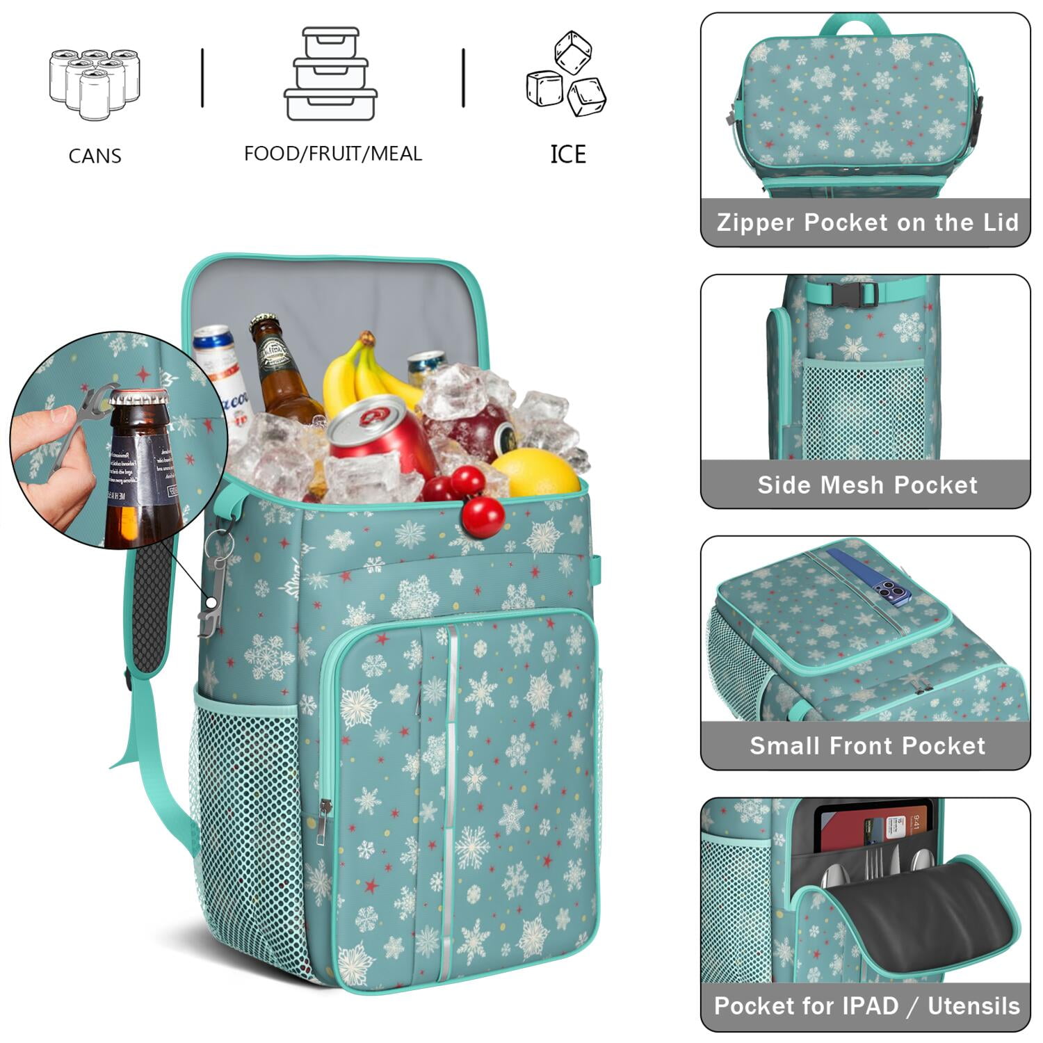 Travel Cooler Bag - Blue Christmas Snowflake and Star Pattern Camping Beer Cooler Backpack with Bottle Opener- Waterproof Insulated Picnic Backpacks - Cooler Bag for Beach
