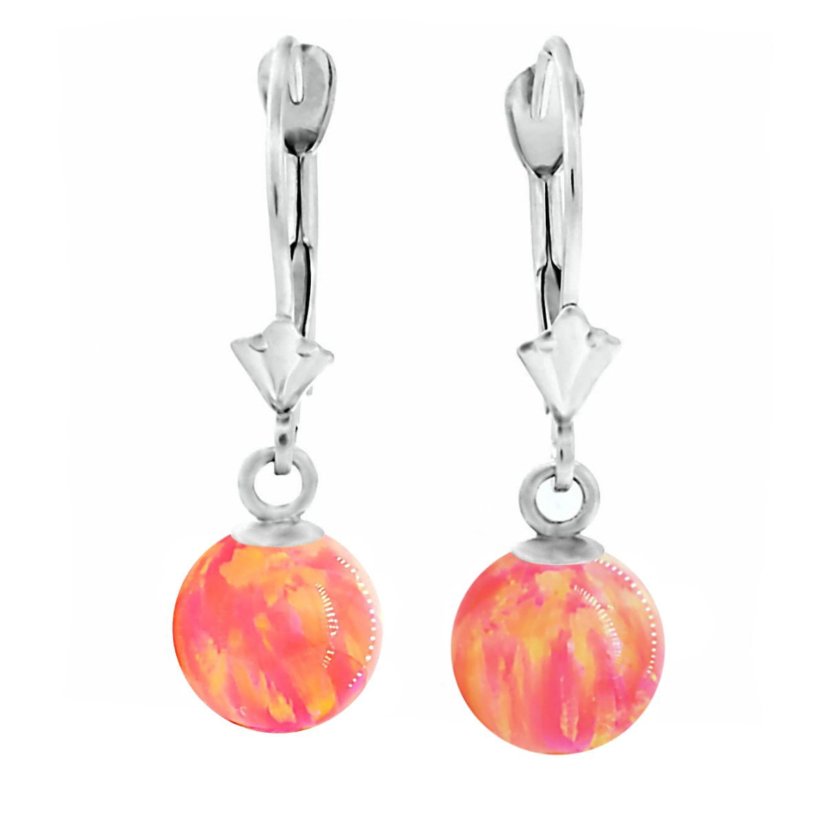 6 mm Ball Shaped Orange Coral Leverback Dangle Earrings 14K Solid White Gold 1