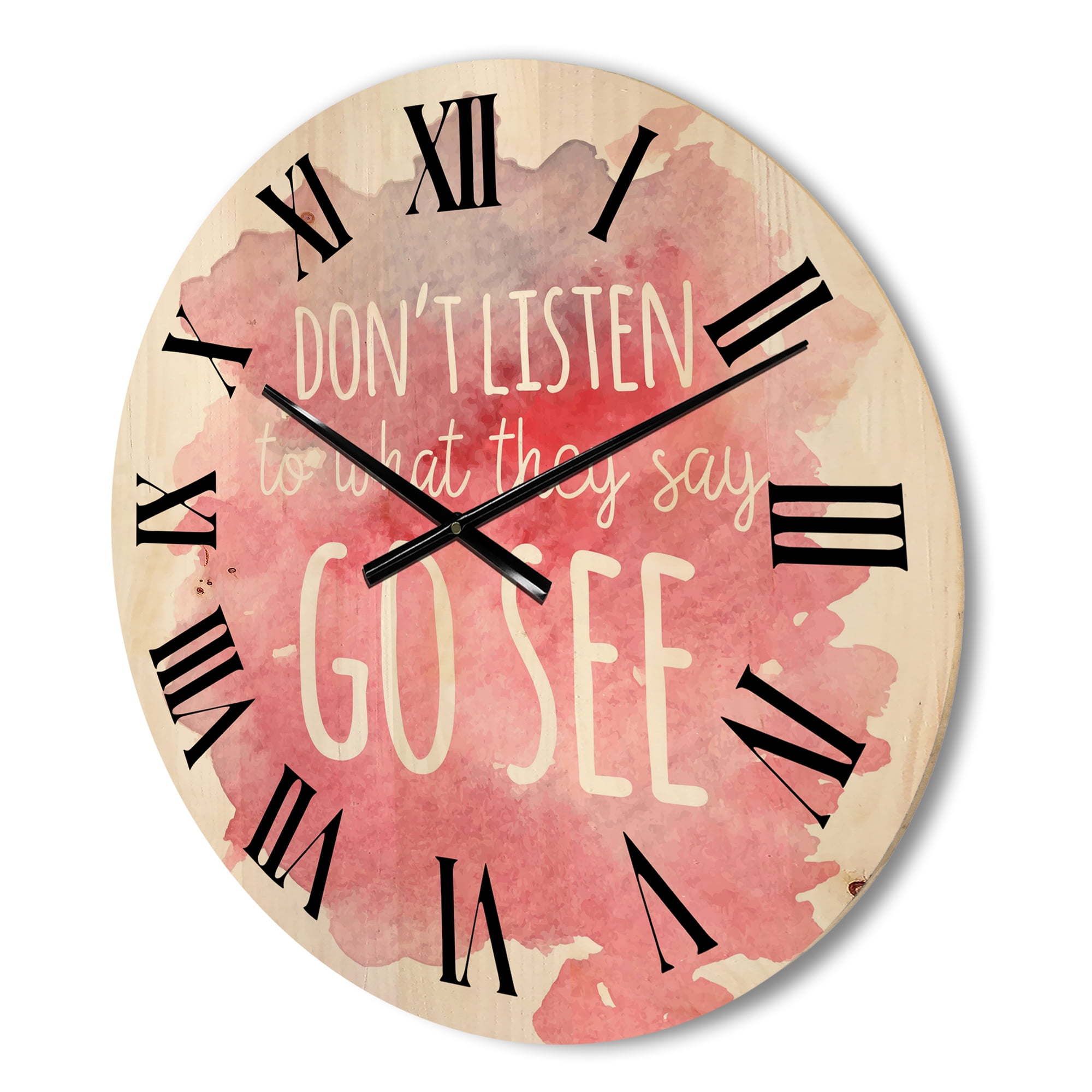 Designart 'Don't Listen To What They Say Go See On Pink Background' Traditional Wood Wall Clock